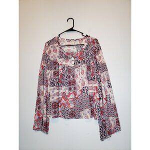 Ariat Womens L Top Red Patchwork Flowy Boho Paisley Floral Western Peasant Sheer